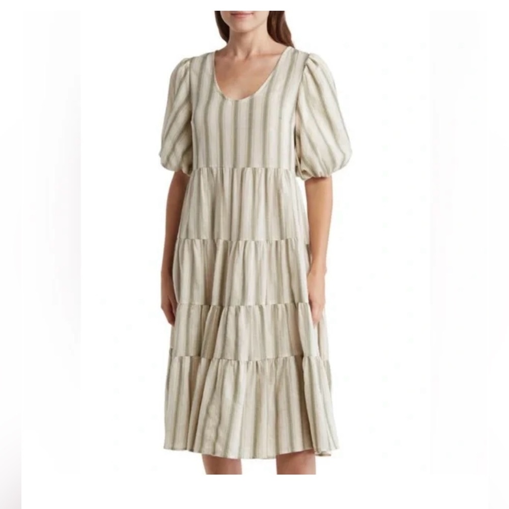 Lumiere Striped Puff Sleeve Cotton Dress size L